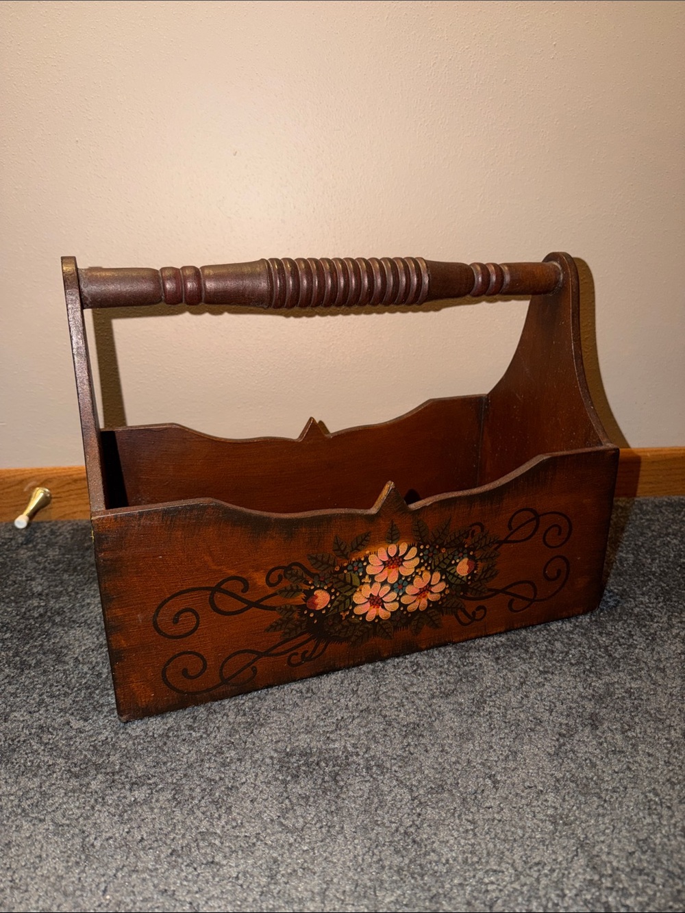 Vintage Wooden Hand-Painted Floral Caddy Storage Magazine Holder Box